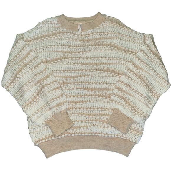 Anthropologie Cream & Tan Open Stitch Knit Pullover Crewneck Sweater Small - Picture 2 of 9
